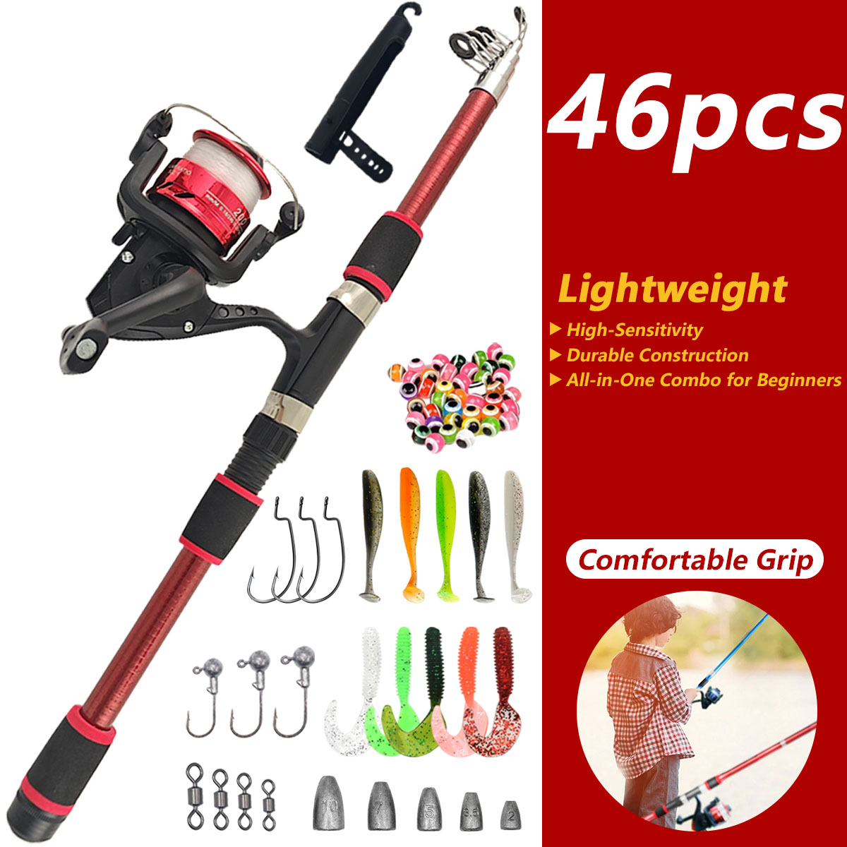 Fishing Rod Combo - ชุดคันเบ็ดตกปลาแบบยืดหดได้ 46 ชิ้น พร้อมรอก ชุดอุปกรณ์ตกปลาแบบพกพาสำหรับผู้เริ่มต้น เด็ก