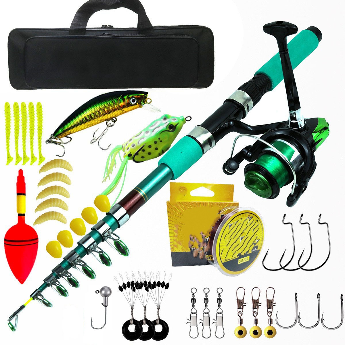 Fishing Rod Combo - ชุดคันเบ็ดตกปลาแบบพกพา น้ำหนักเบา คันคาร์ปแบบยืดหดได้ พร้อมรอก กระเป๋าผ้าใยแก้ว อุปกรณ์ตกปลาสำหรับทะเลสาบ